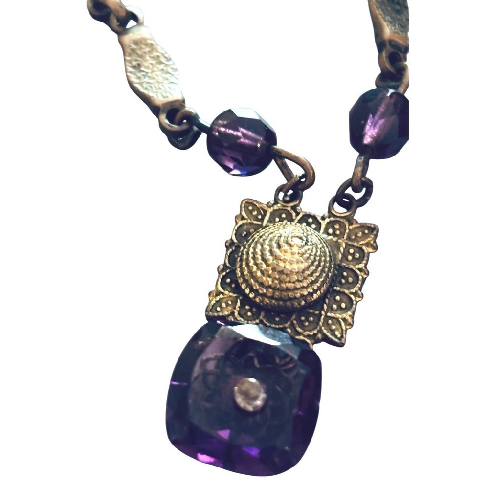 Vintage 1940s Czech Purple Glass Brass Filigree Pendant Necklace Art Deco 17in